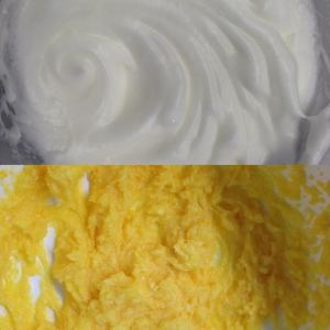 Oben: Glänzender Eischnee Unten: Butter-Zucker-Masse